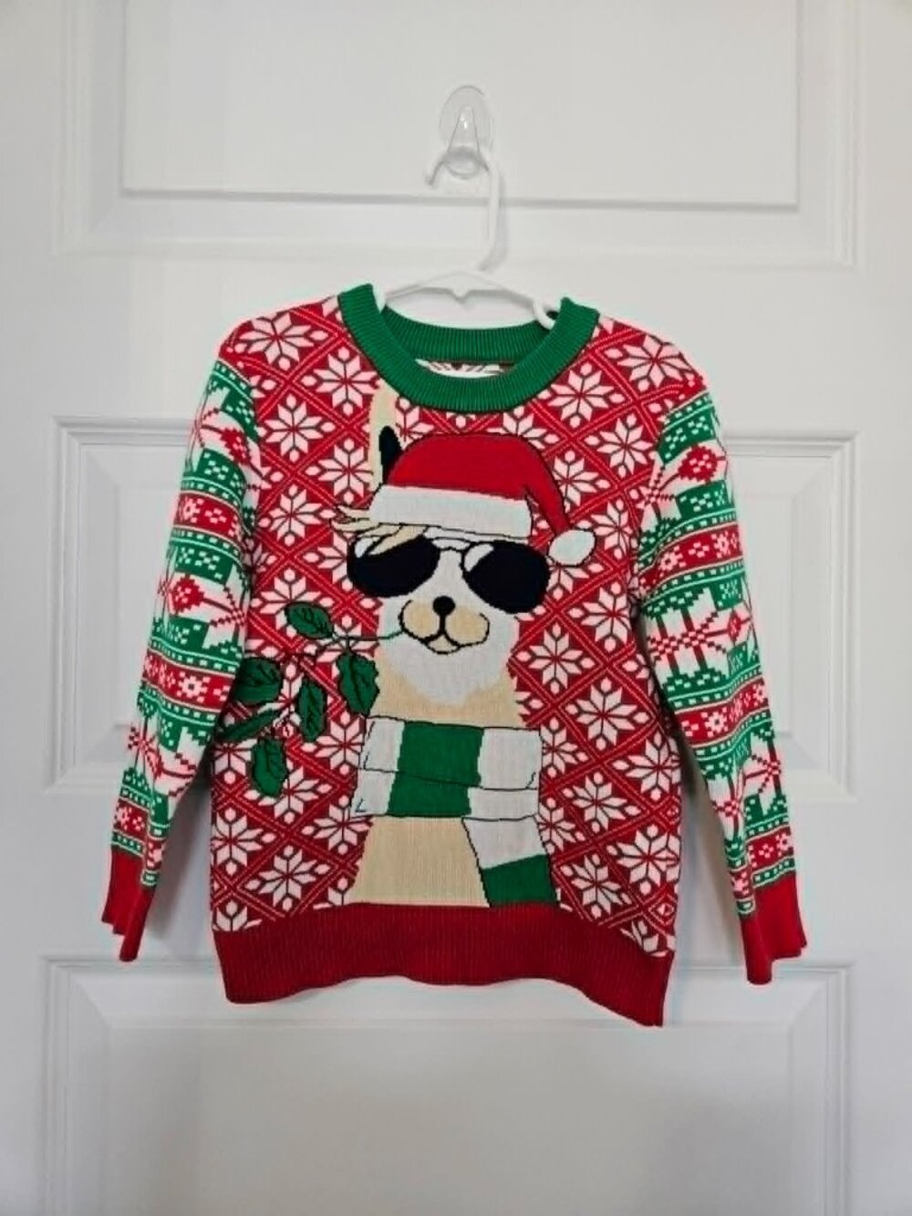 Kids Ugly Christmas Sweater 5-6 year old Llama Sunglasses Red Green Snowflake